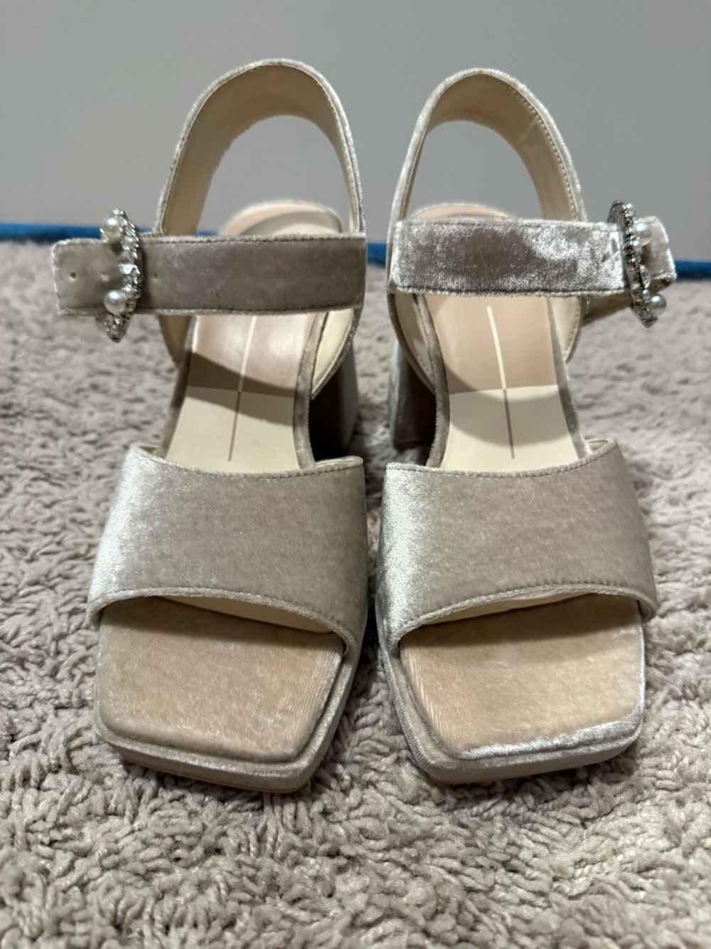 Dolce Vita Velvet Pearl-Embellished Block Heel Sandals - Champagne